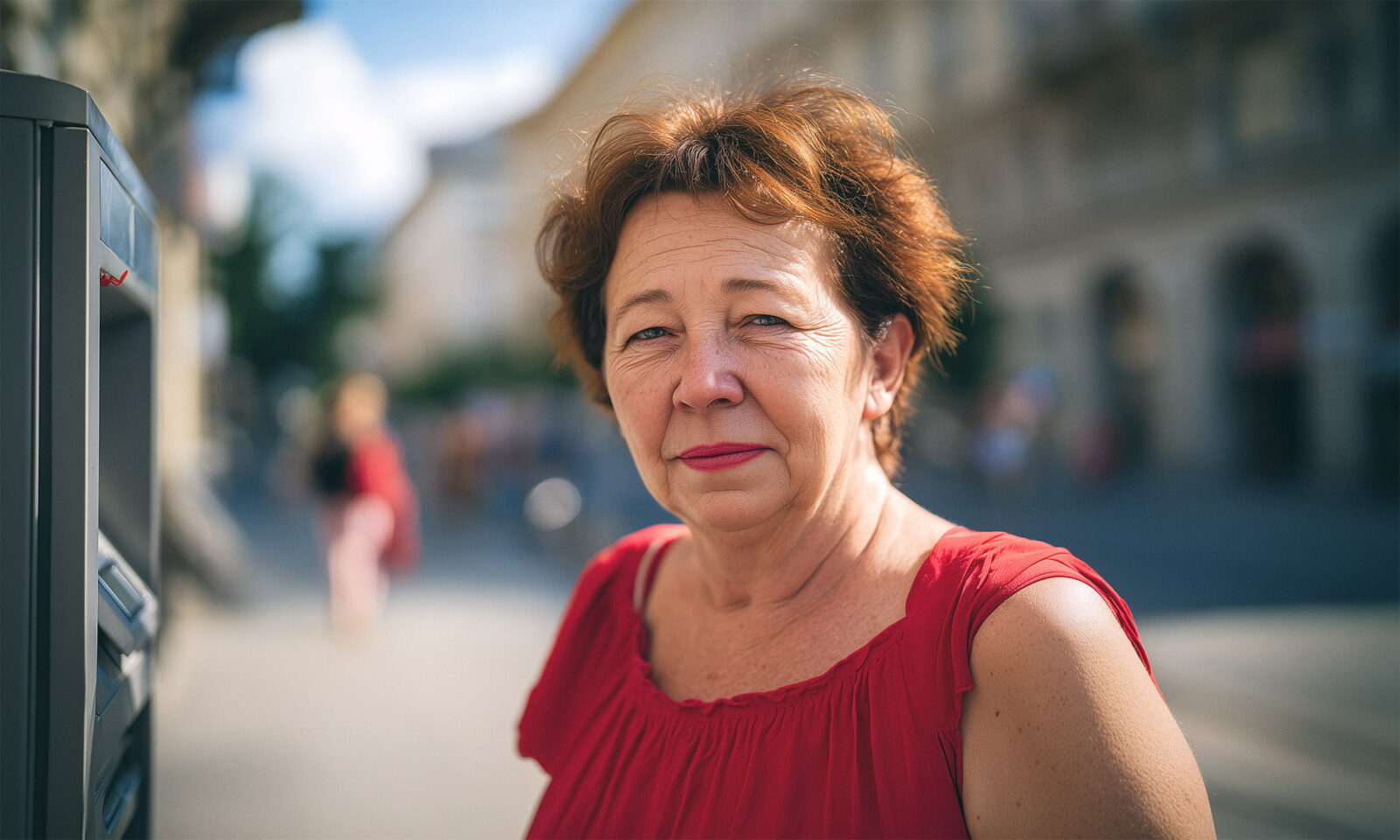 žena u crvenom topu na naramenice stoji na zagrebačkoj ulici i gleda u kameru.