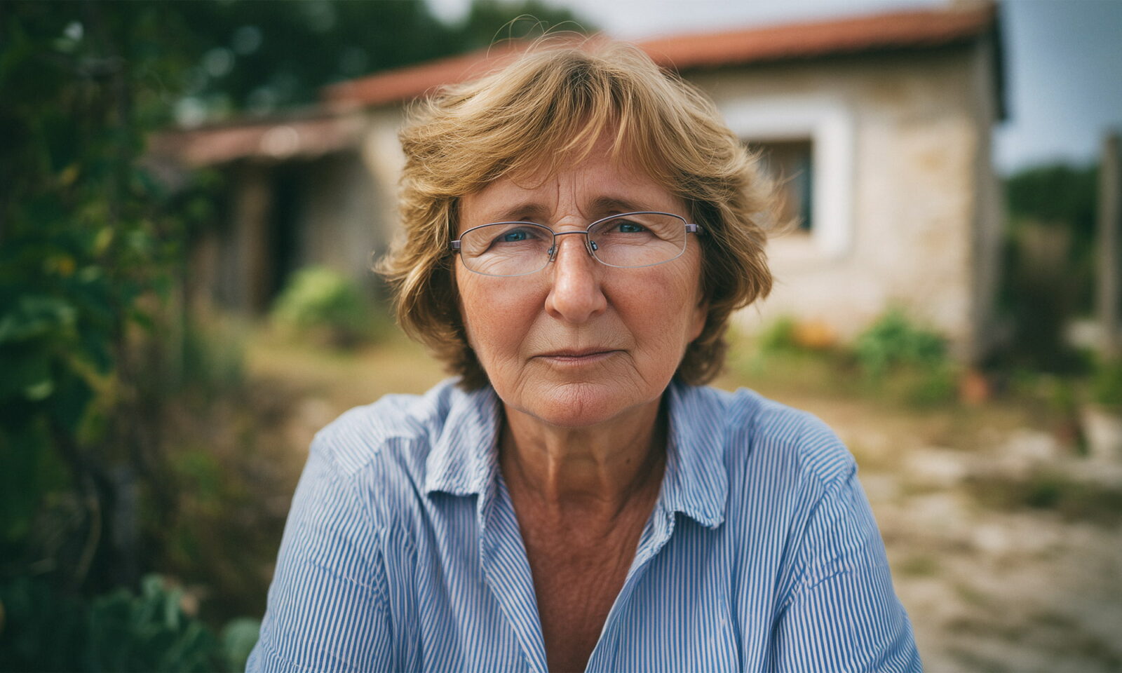 Žena stoji u seoskom dvorištu.