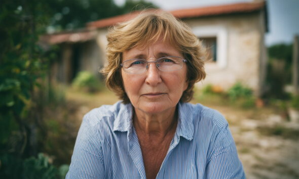 Žena stoji u seoskom dvorištu.