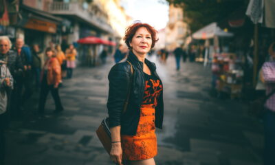 žena u kratkoj suknji i kožnoj jakni, pozira na ulici.