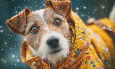 Jack Russel Terrijer odjeven u žuti kaputić na snijegu.