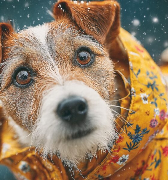 Jack Russel Terrijer odjeven u žuti kaputić na snijegu.