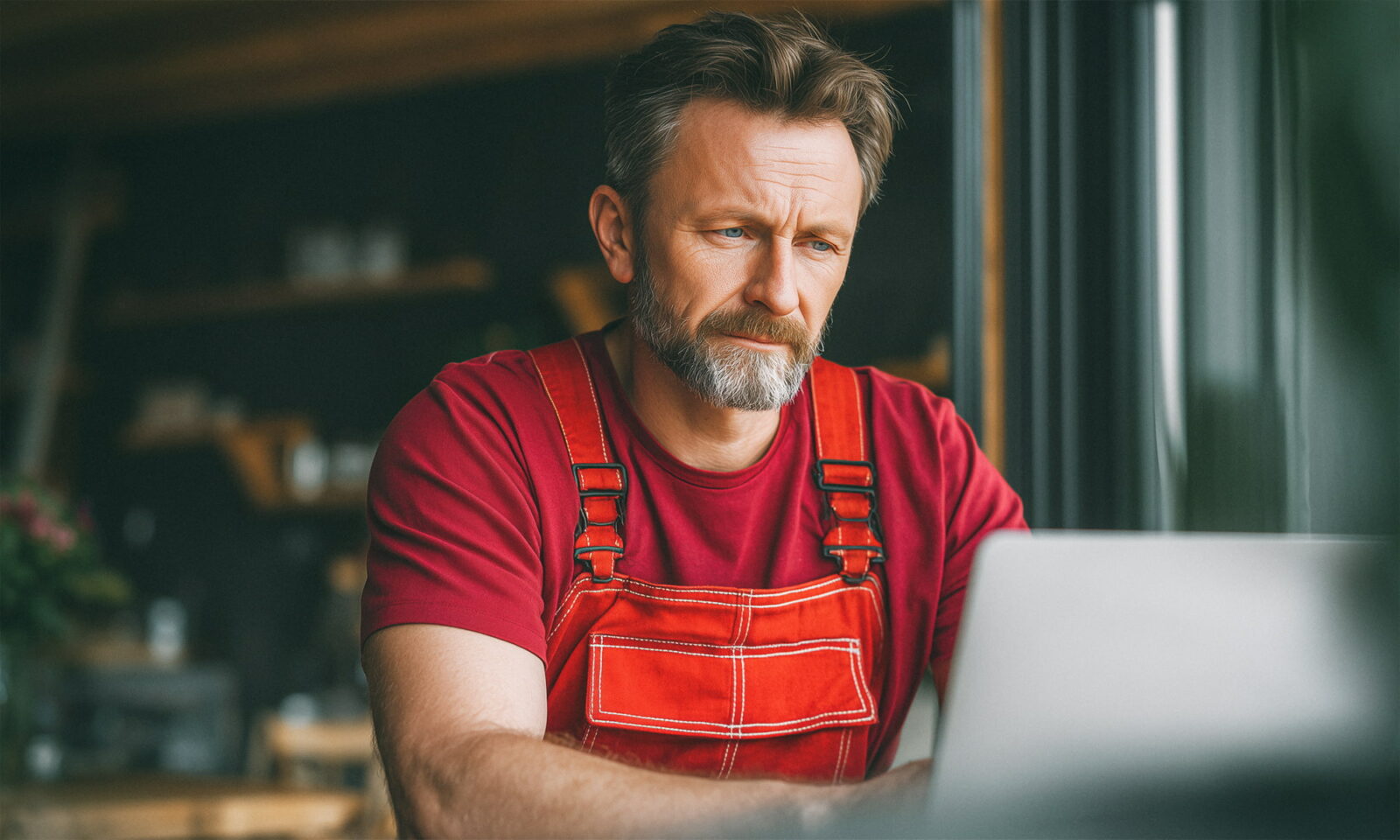 Radnik u crvenom kombinezonu sjedi za stolom i gleda u laptop.