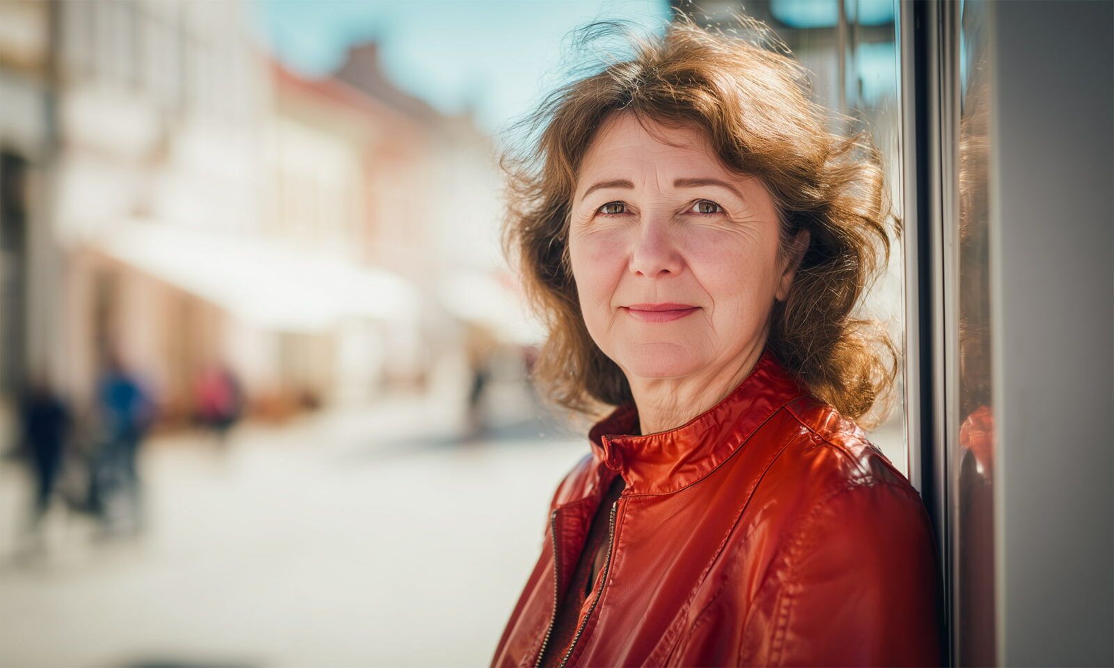 Žena u crvenoj kožnoj jakni.