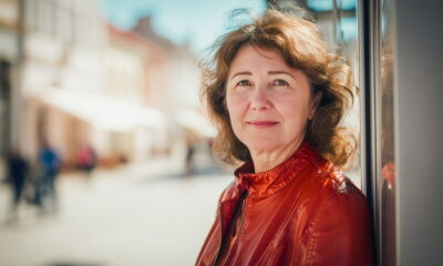 Žena u crvenoj kožnoj jakni.