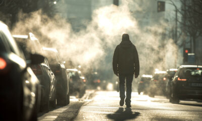 Muškarac hoda između automobila kroz oblak smoga u Zagrebu.