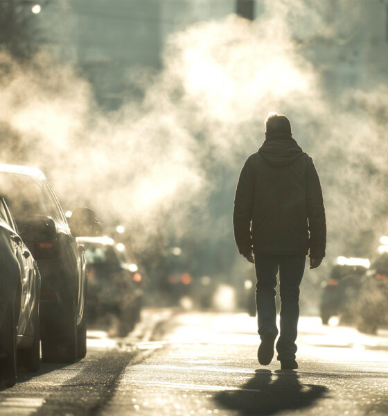 Muškarac hoda između automobila kroz oblak smoga u Zagrebu.