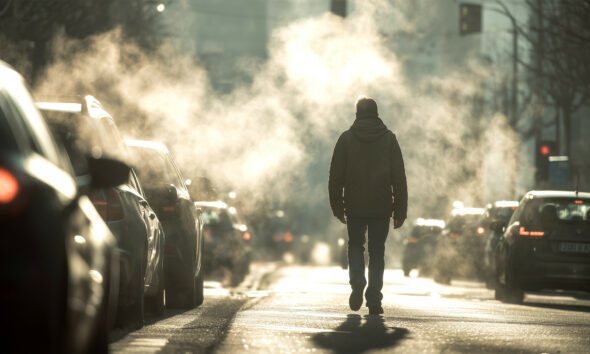 Muškarac hoda između automobila kroz oblak smoga u Zagrebu.