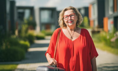 Žena u crvenom u naselju za starije.