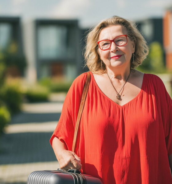 Žena u crvenom u naselju za starije.