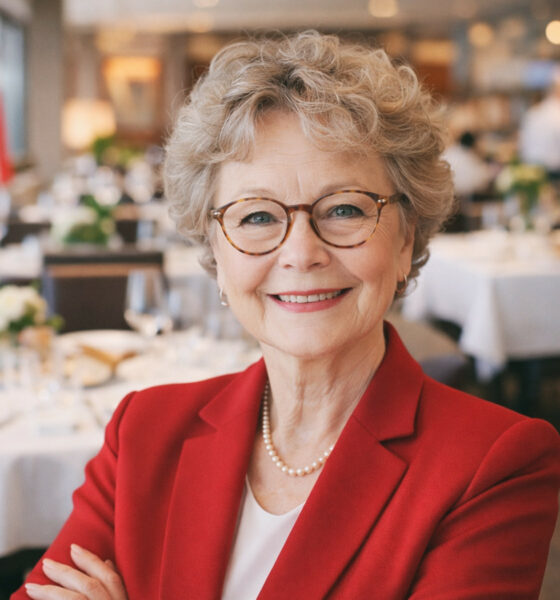 Starija žena u crvenom sakou u hrvatskom restoranu.