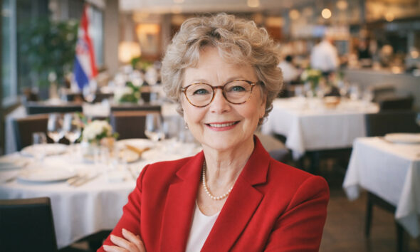 Starija žena u crvenom sakou u hrvatskom restoranu.