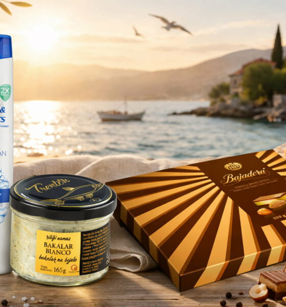 Šampon, bajadera i bakalar, dekorirani uz pozadinu zalaska sunca na JAdranu.