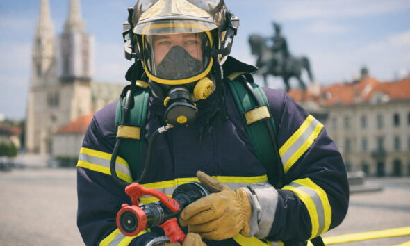 Vatrogasac u opremi u Zagrebu.