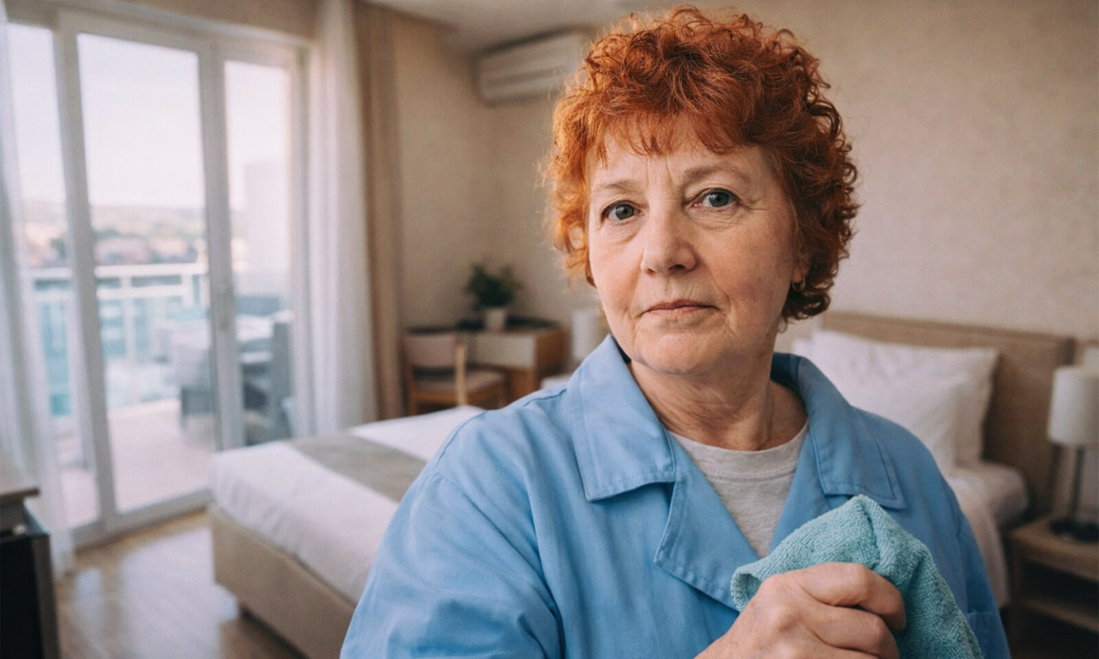 Starija žena čisti apartman u Hrvatskoj.