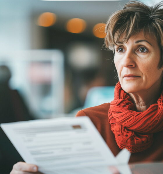 Žena u banci gleda dokumentaciju.
