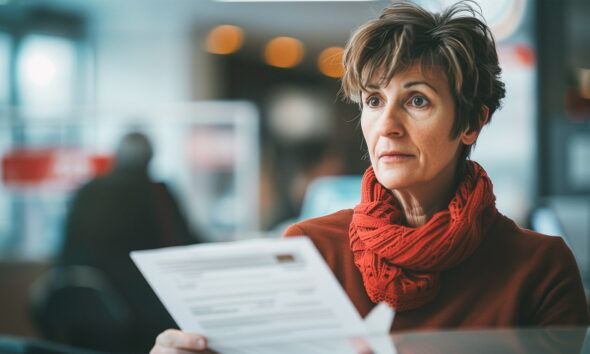 Žena u banci gleda dokumentaciju.