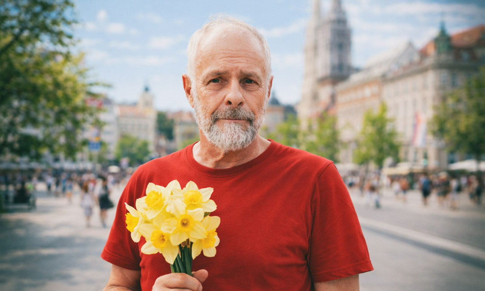 Muškarac s buketom narcisa.