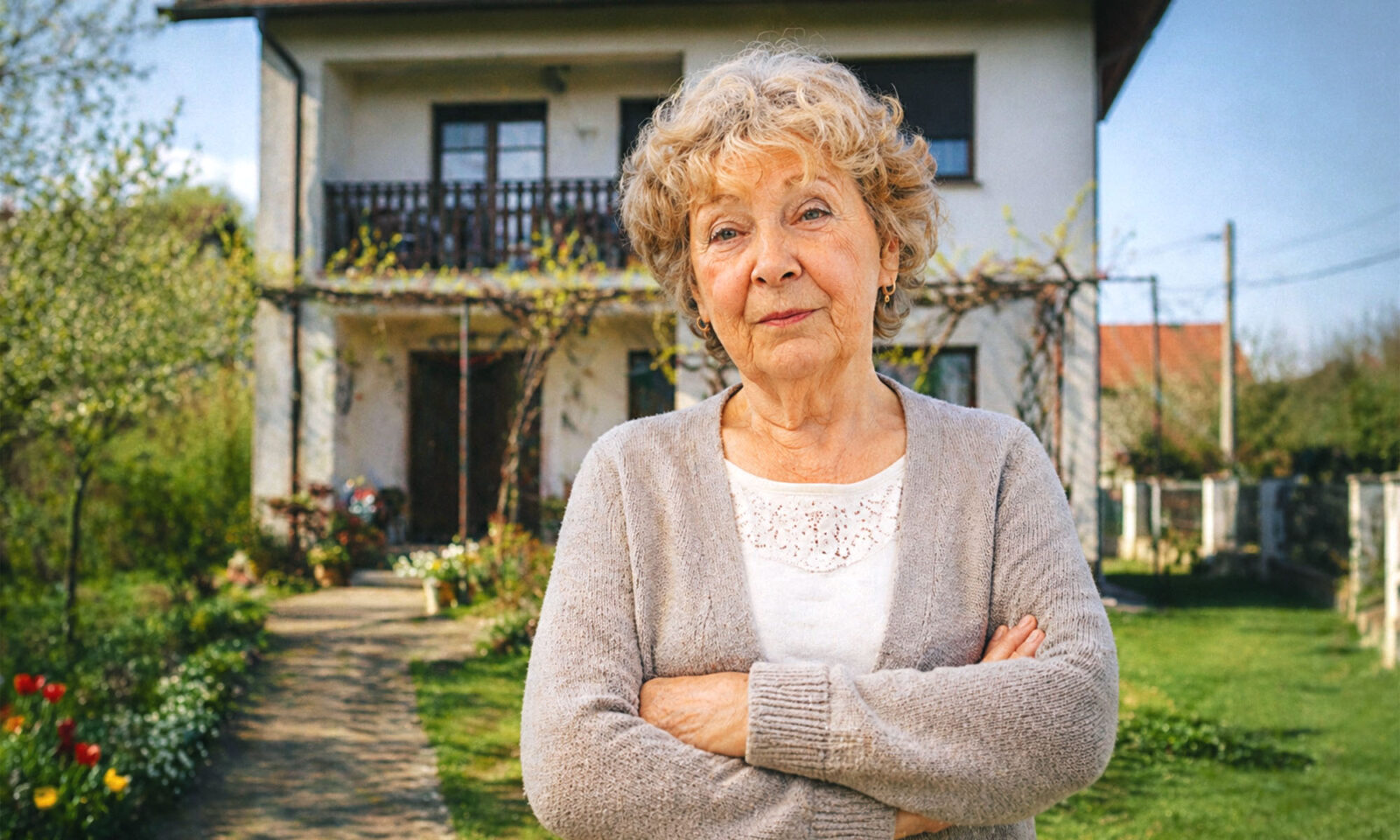 Žena pred obiteljskom kućom.