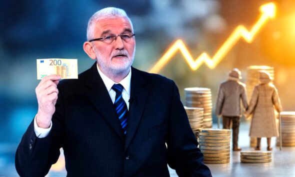 Milivoj Špika, predsjednik Bloka umirovljenici zajedno, drži novčanicu od 200 eura.