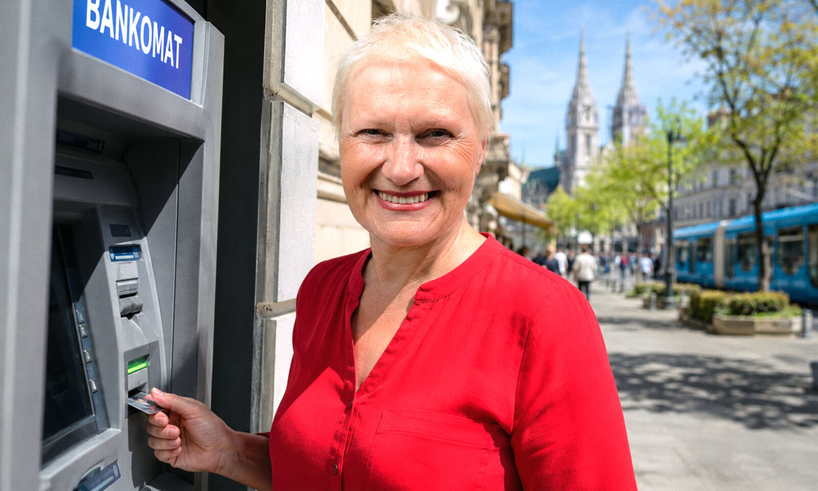 Žena na bankomatu.