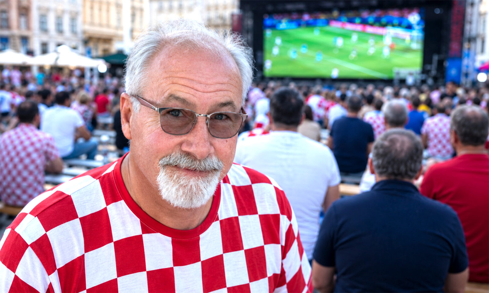 Muškarac u dresu hrvatske nogometne reprezentacije u navijačkoj atmosferi.