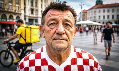 Umirovljenik u dresu hrvatske nogometne reprezentacije stoji na trgu.