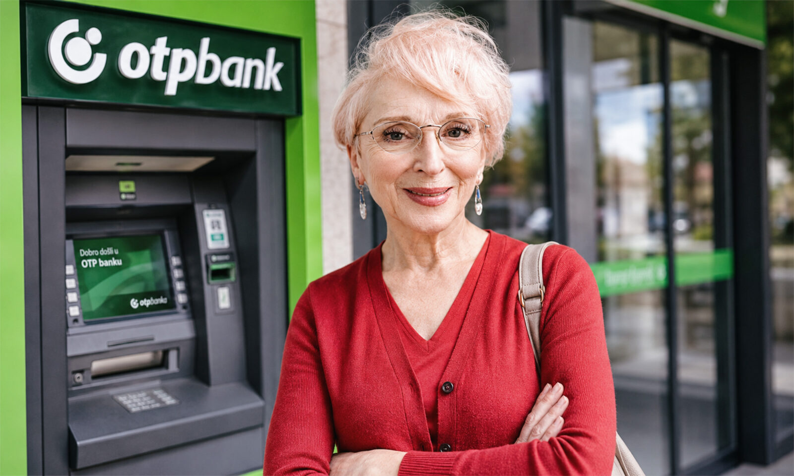Starija žena u crvenoj vesti stoji ispred bankomata OTP banke u Zagrebu, gleda u kameru i djeluje samouvjereno u svijetloj, atraktivnoj fotografiji.