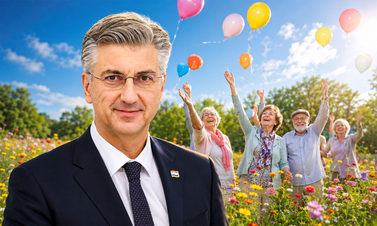 Andrej Plenković i sretni umirovljenici puštaju slavljeničke balone.