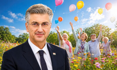 Andrej Plenković i sretni umirovljenici puštaju slavljeničke balone.
