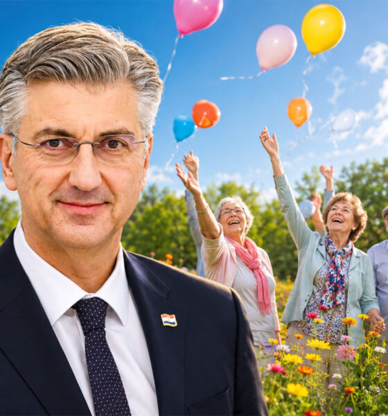 Andrej Plenković i sretni umirovljenici puštaju slavljeničke balone.