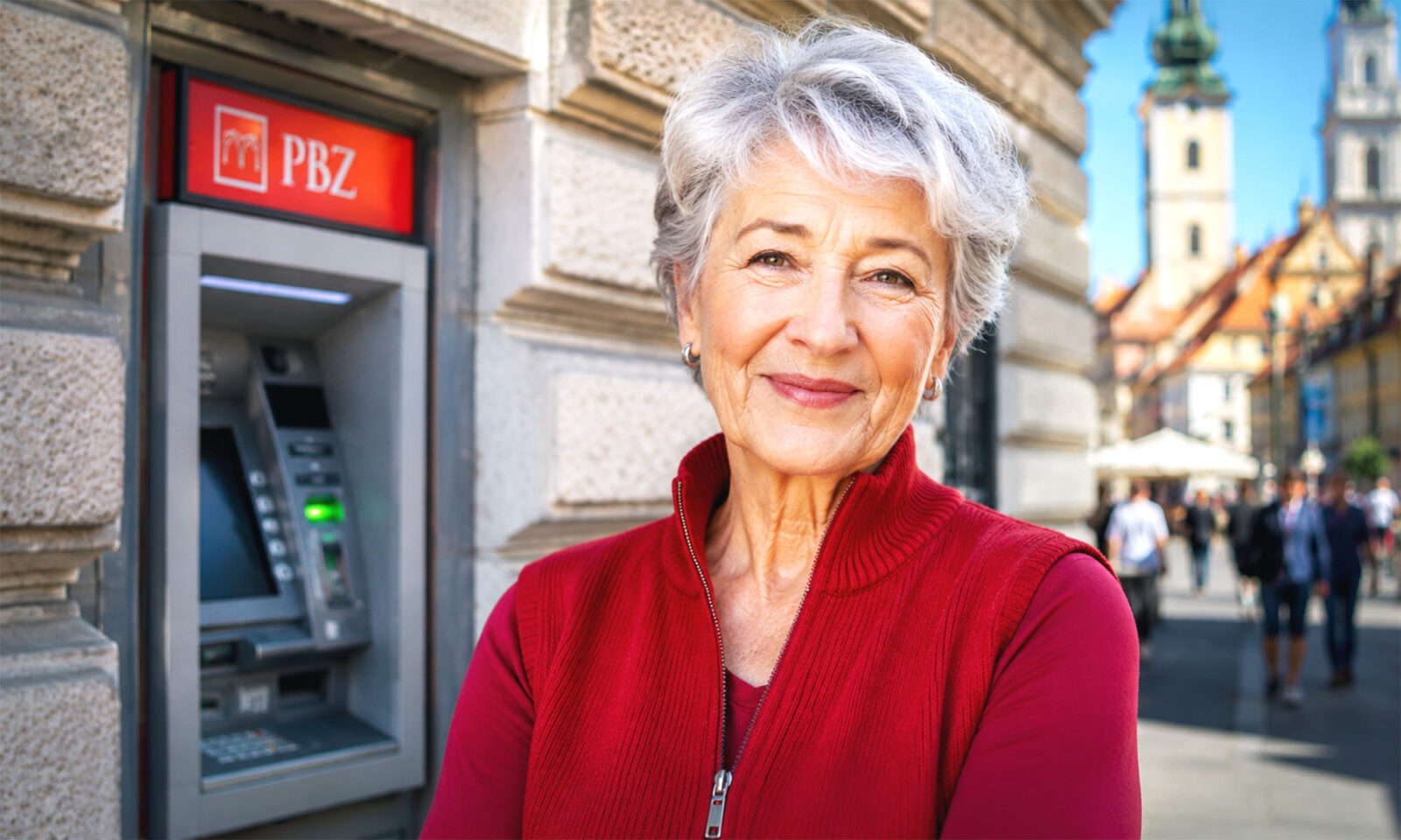 Starija žena stoji kraj bankomata u Zagrebu.