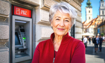Starija žena stoji kraj bankomata u Zagrebu.