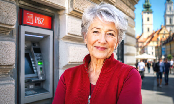 Starija žena stoji kraj bankomata u Zagrebu.