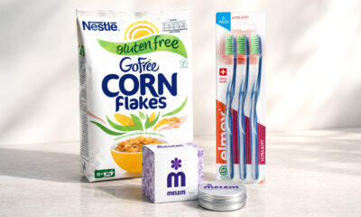Tri popularna proizvoda na svijetloj podlozi: Nestlé GoFree Corn Flakes, Melem i četkice za zube Elmex Ultra Soft.