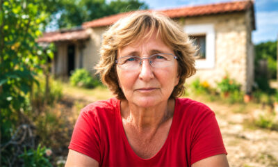 Žena stoji u seoskom dvorištu.