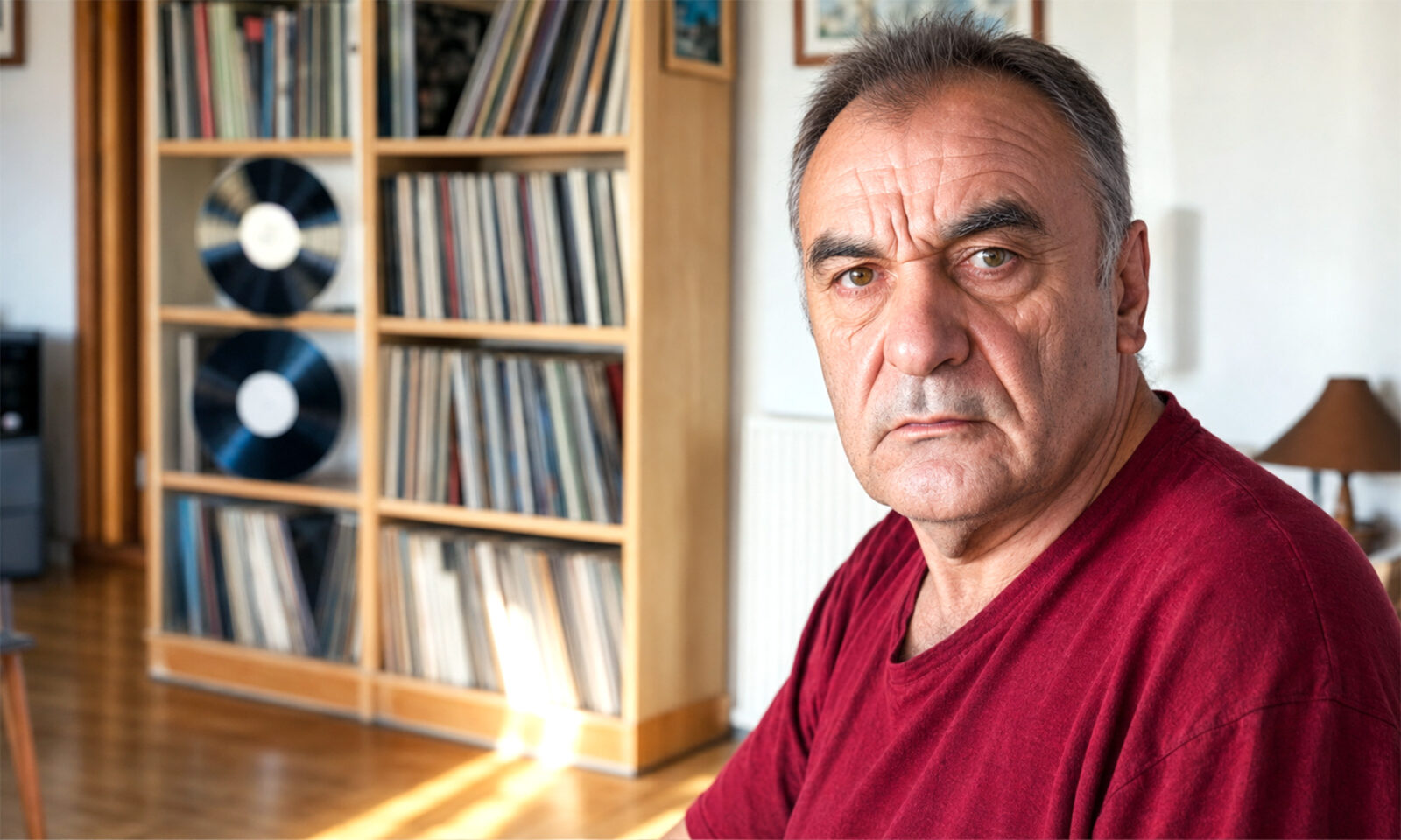 Umirovljenik u crvenoj majici sjedi u osunčanoj dnevnoj sobi i ozbiljno gleda u kameru.