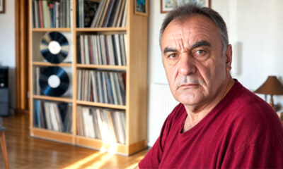 Umirovljenik u crvenoj majici sjedi u osunčanoj dnevnoj sobi i ozbiljno gleda u kameru.
