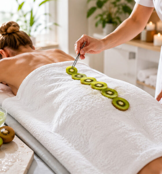 Odrasla klijentica leži na spa-stolu prekrivena bijelim ručnikom, dok kozmetičarka pincetom slaže kriške kivija u sklopu tretmana njege kože.