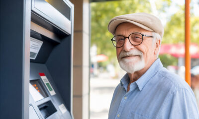 Umirovljenik pokraj bankomata tijekom sunčanog ljetnog dana.