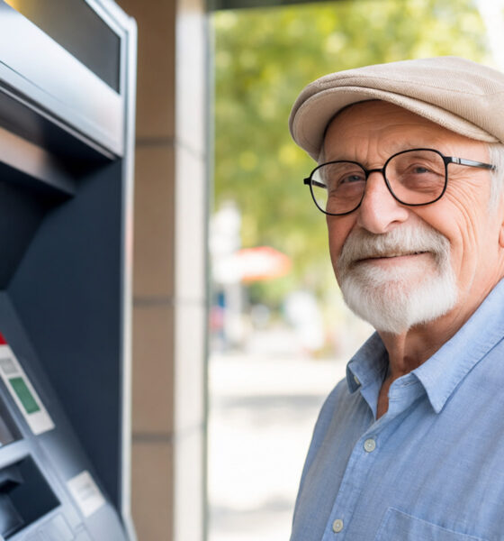 Umirovljenik pokraj bankomata tijekom sunčanog ljetnog dana.