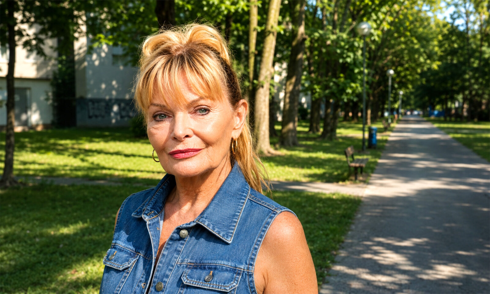 Starija žena u traper-prsluku stoji na osunčanoj zagrebačkoj šetnici okruženoj zelenilom, klupama i stambenim zgradama.