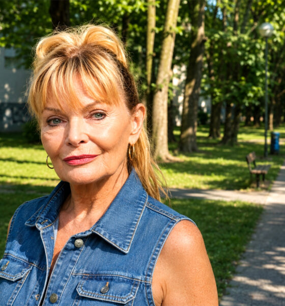 Starija žena u traper-prsluku stoji na osunčanoj zagrebačkoj šetnici okruženoj zelenilom, klupama i stambenim zgradama.