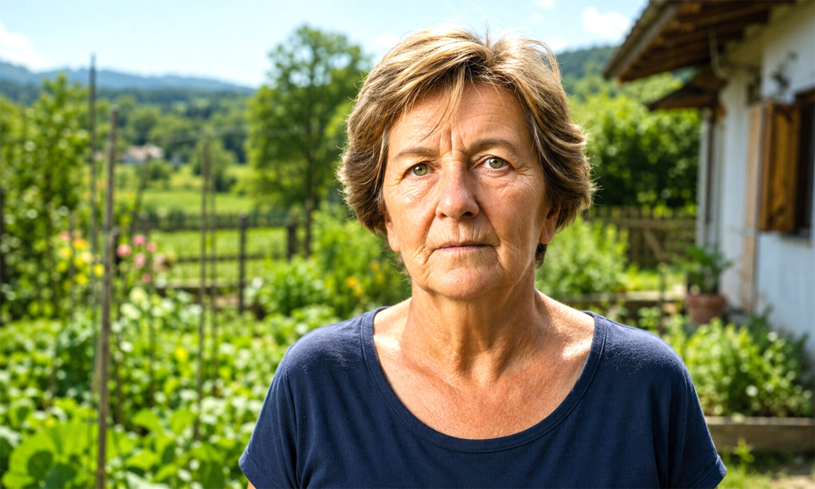 Starija žena stoji u sunčanom vrtu u Gorskom kotaru, okružena zelenilom, povrtnjakom i ruralnim krajolikom.