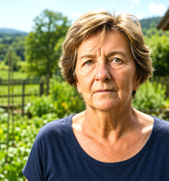 Starija žena stoji u sunčanom vrtu u Gorskom kotaru, okružena zelenilom, povrtnjakom i ruralnim krajolikom.