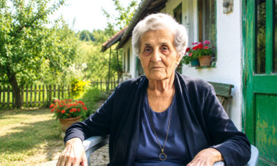 Starija žena sjedi na dvorištu.