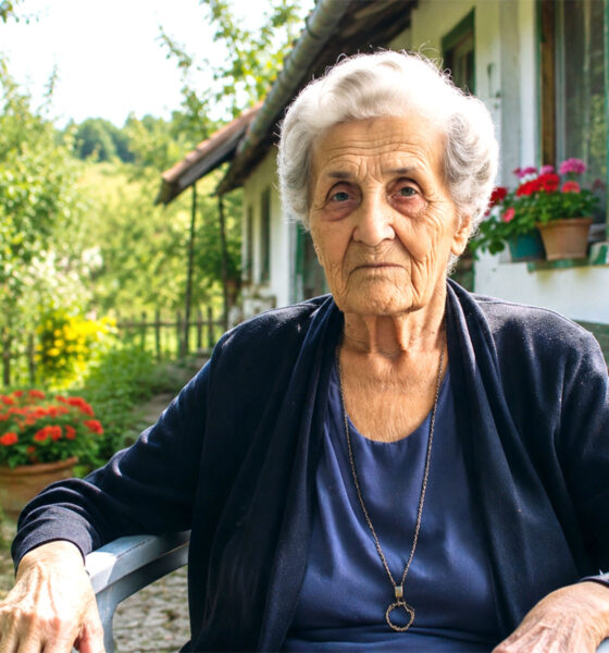 Starija žena sjedi na dvorištu.