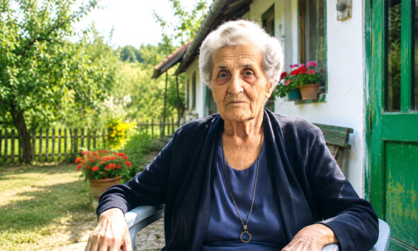 Starija žena sjedi na dvorištu.