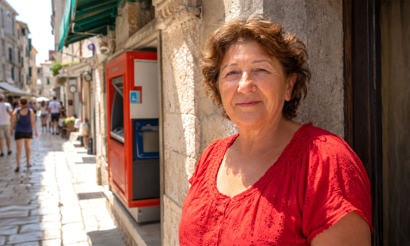 Žena u crvenoj ljetnoj bluzi zadovoljno se smiješi pokraj bankomata u središtu Pule.