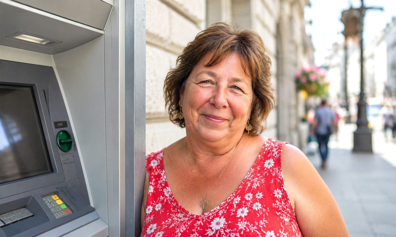 Starija žena stoji uz bankomat na sunčanoj gradskoj ulici, odjevena u crvenu ljetnu haljinu i okrenuta prema kameri.